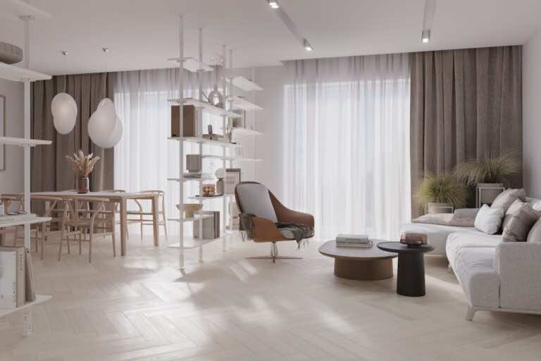 Przytulne wnętrza w stylu japandi z drewnianą podłogą